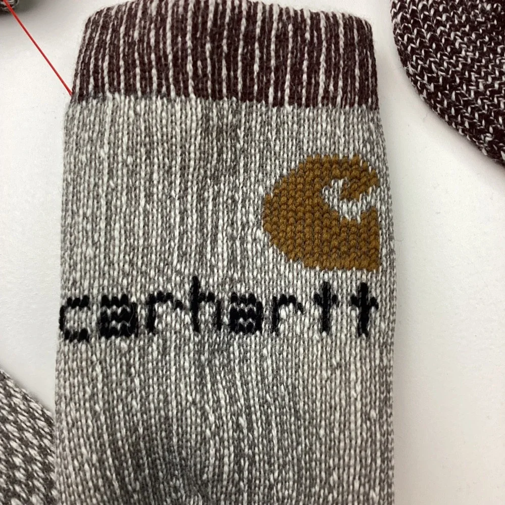 Carhartt Mens 3 Pair Crew Socks Grey Burgundy Marled Work Heavy Duty Logo